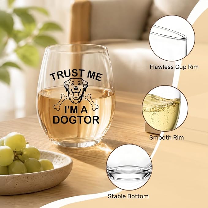 Trust Me I’m a Dogtor Stemless Wine Glass, Cute Puppy Graphic Wine Glass, Veterinary Pun Drinking Glasses for Women Men, Christmas Birthday Gifts for Dog Lover, 15oz Crystal Clear Glassware