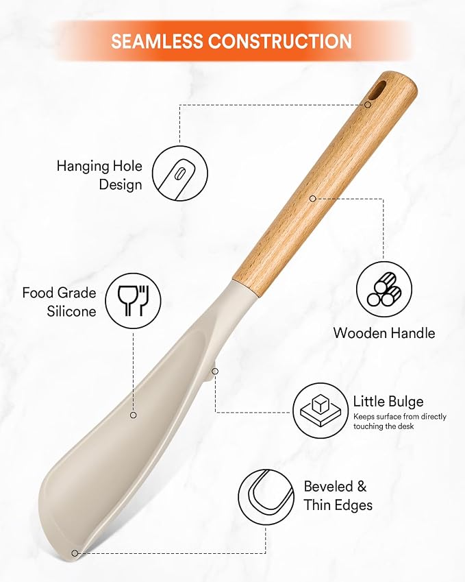 Multifunction Cooking Spoon for Nonstick Cookware,11.4"&13.4",Khaki | Great for Cooking and Serving, Sturdy BPA-Free Matte Silicone, Wood Handle spoonula for Mixing, Scoop, and Scrape