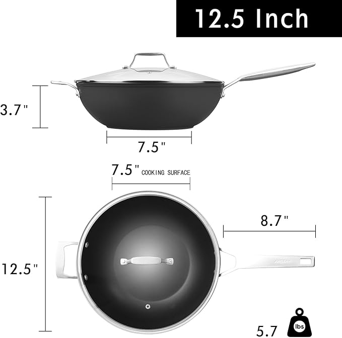 MsMk 12.5 Inch Nonstick Frying pan with Lid, Woks & Stir Fry Pans Skillet | Non Toxic, Even Heating, Easy Clean, Dishwasher & Oven Safe, suitable for gas & electric & induction stoves, Stainless Steel