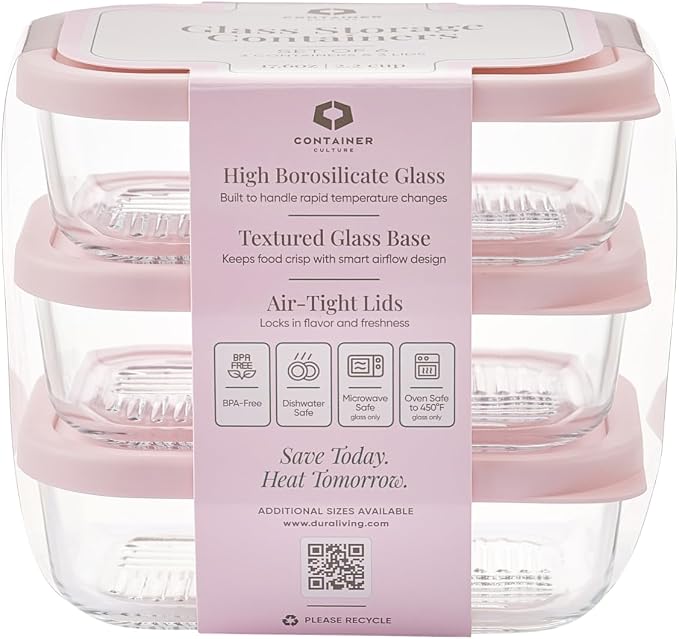 Glass Food Storage Containers with Lids — 6 Piece — 17.6 oz Glass with BPA-Free Leakproof Stackable Lids — Microwave, Oven & Dishwasher Safe — Ideal for Meal Prep & More - Berry Blush