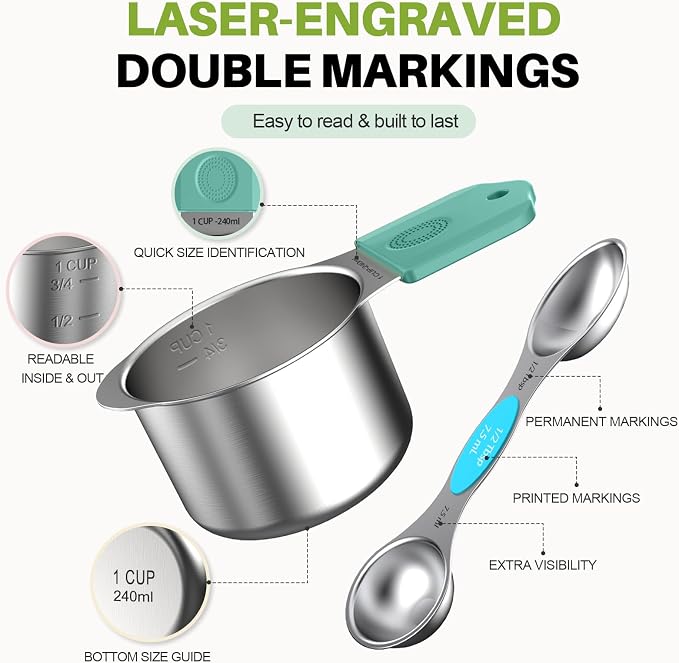 Magnetic Measuring Cups and Spoons Set, 16-Piece Set with Leveler | Strong N52 Magnets, Heavy Duty 304 Stainless Steel, Dual-Sided Design Fits Spice Jars, Easy-to-Read Markings for Cooking