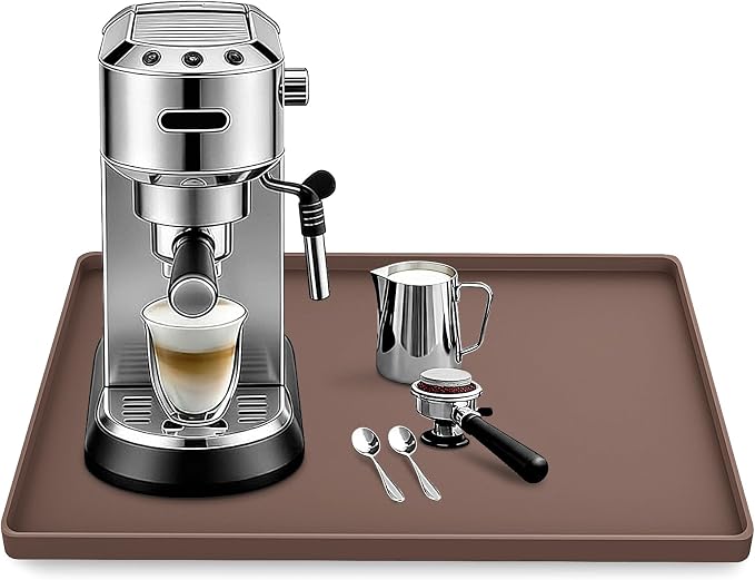Silicone Coffee Maker Mat with Lip for Countertops, 15.7'' x 11.8'', Brown | Multi leak-proof coffee tray for countertop, non-slip silicone mat fits most coffee makers & espresso machines, wipe-clean
