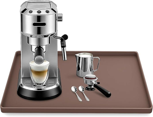 Silicone Coffee Maker Mat with Lip for Countertops, 15.7'' x 11.8'', Brown | Multi leak-proof coffee tray for countertop, non-slip silicone mat fits most coffee makers & espresso machines, wipe-clean