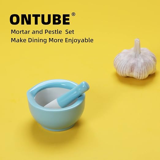 Mortar and Pestle Set (3.2 Inch-Turquoise) | Ceramic stoneware, sturdy, multi-purpose, spice/herb/pill, easy-clean, non-slip, comfy, dishwasher-safe, compact, elegant
