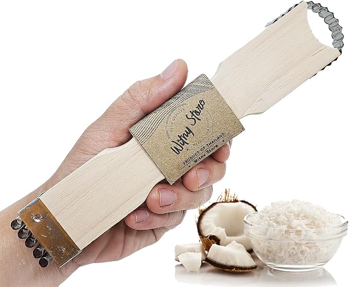 WitnyStore Coconut Grater - Vintage Kitchen Tool - Thai Traditional Style Multipurpose Easy to Use Portable Wooden Hand Held Scraper and Shredder for Fresh or Baby Coconut Meat - 7 x 1.5 x 0.5 inches