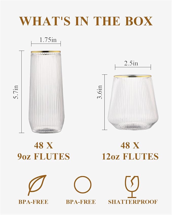 BESTSTAR 96 Pack Gold Rim Plastic Ribbed Origami Ripple Plastic Glasses Set | 48 9OZ Stemless Champagne Flutes & 48 12OZ Cups, BPA-Free Shatterproof Clear Drinkware for Weddings, Parties & Events