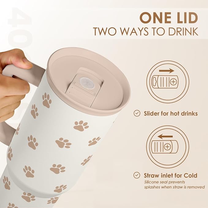 Paw Print Tumbler with Handle, Gifts for Dog Mom, Stainless Steel Insulated Tumblers Coffee Travel Mug Cup, Gift for Women Girls on Birthday Christmas Mothers Day, 40oz