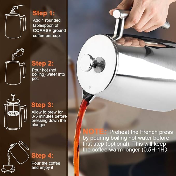 Secura French Press Coffee Maker, 34-Ounce, 304 Stainless Steel Insulated Coffee Press with Extra Screen