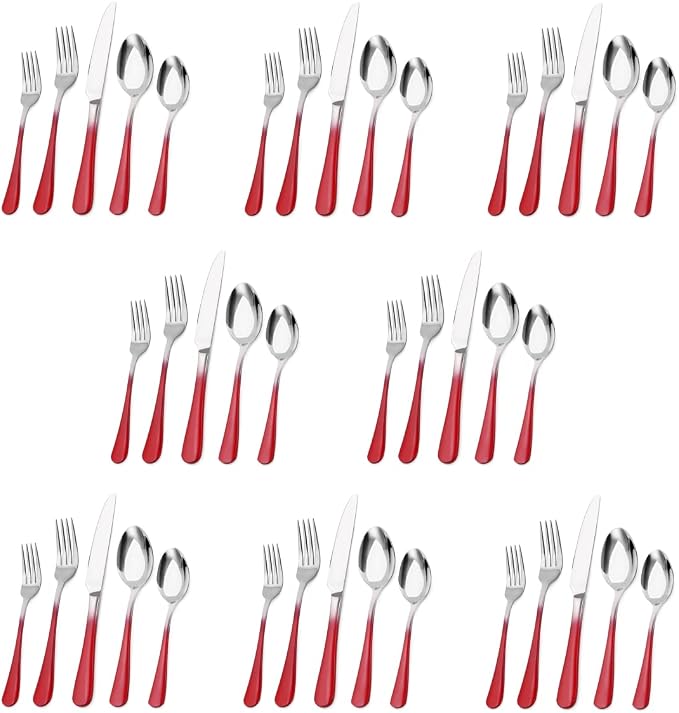 Silverware Set, Bysta 40-Piece Stainless Steel Flatware Set, Kitchen Utensil Set Service for 8, Tableware Cutlery Set for Home and Restaurant, Mirror Polished, Dishwasher Safe (Gradient Red)