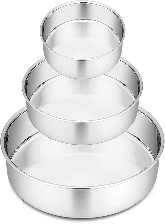 P&P CHEF Cake Pan Set of 3, 4" + 6" + 8" Round Baking Layer Cake Pan Tin | Stainless Steel & Mirror Finish, Bakeware for Birthday Weeding Anniversary, Heavy Duty & Non Toxic, Oven & Dishwasher Safe