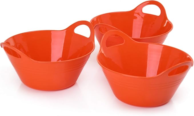 Mintra Home Plastic Bowls with Handles (970ml Small 3pk, Orange) - 6.75inW x 3inH - for snacks, candy, popcorn, gift basket, lightweight serving bowl for party, 3 Pack