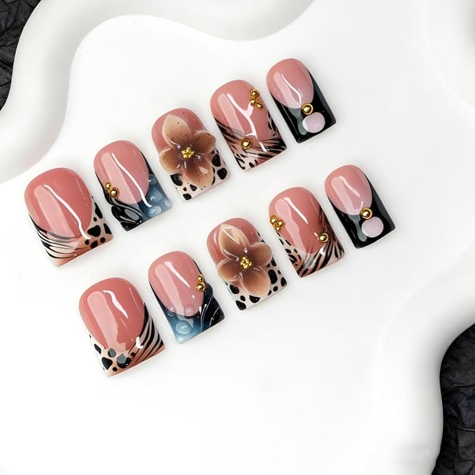 Flower Handmade Press on Nails 3D Luxury Brown Floral Design Leopard Print French Tip Fake Nails Muti-Layer Gel Handmade Acrylic Nail Short Square False Nails for Women (M)