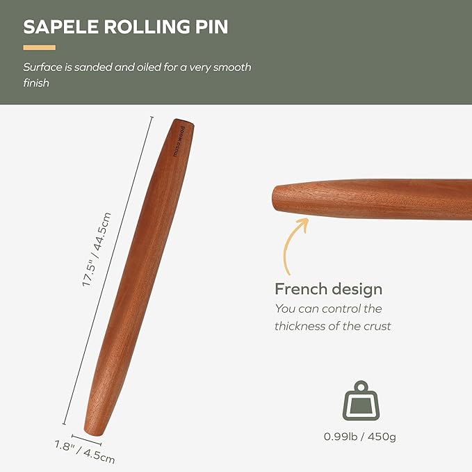 muso wood Sapele French Rolling Pin for Baking | Tapered Design, 17.5 inch, Ideal for Fondant, Pie Crust, Cookies & Pastry Making