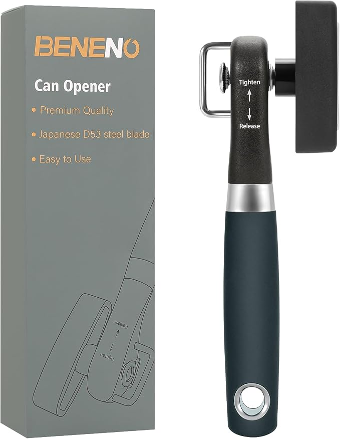 Beneno Can Opener, Manual Side Safe Cut Can Opener Smooth Edge, Green | Durable Sharp DC53 Steel Cutting Blade, Clean Cut with no Sharp Can Edges, Big Effort-Saving Knob, Comfortable Non-Slip Grip
