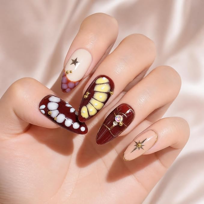 10Pcs Medium Almond Handmade Press on Nails Rhinestone & Golden Steel Ball Deisgns Salon Quality False Nails Y2K Fake Nails with 3D Star, Gold Embossed Accents Summer French Tip Stick on Nail (S)