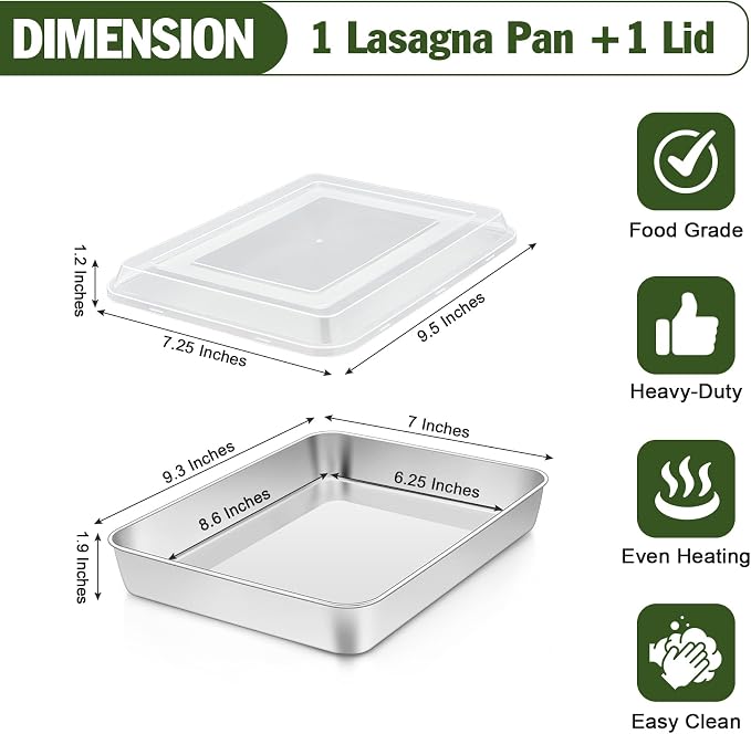 TeamFar Baking Pan with Lid, 9.3" x 7" Rectangule Cake Pan- 1Pan +1 Lid | Stainless Steel Lasagna Pans with Covers for Cake Brownie Casseroles, Birthday Party Outdoor, Healthy, Oven & Dishwasher Safe