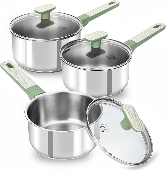 KOCH SYSTEME CS 6 PCS Stainless Steel Sauce Pan Set, 1.5QT & 2QT & 3QT Stainless Steel Pot Set with Lid, Triply Base Sauce Pan Set with Green Bakelite Handle, Induction Compatible Saucepans