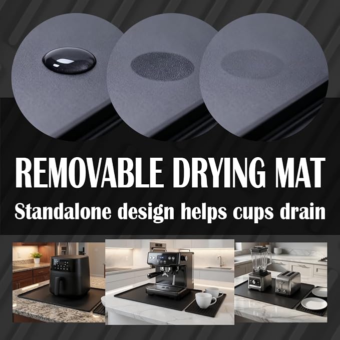 Silicone Coffee Mat 24 x 16 in with Tray, Classic Black | Coffee bar mat for countertop use, coffee station mat or coffee machine mat with removable tray and 0.47 in raised rim.