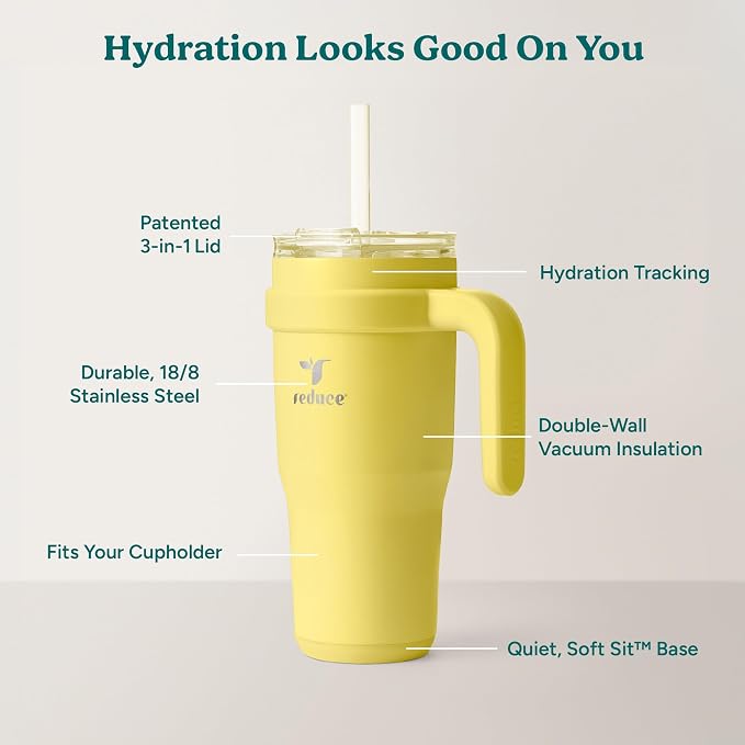 Reduce 24 oz Stainless Steel Tumbler with Handle - Dual-Wall Vacuum Insulated Travel Mug, Sweat-Proof Lid & Reusable Straw - Keeps Drinks Cold for 24 Hrs, Fits Cupholders, Dishwasher Safe -Pina Colada