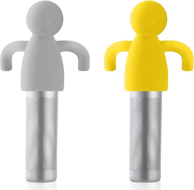 Leden Tea Infuser for Loose Tea Fine Mesh Tea Steeper, Grey & Yellow, 2Pcs | Stainless Steel Fun Person-shaped Design Tea Strainer Filter with Silicone Handle for Loose Tea Ball for Cup Mug