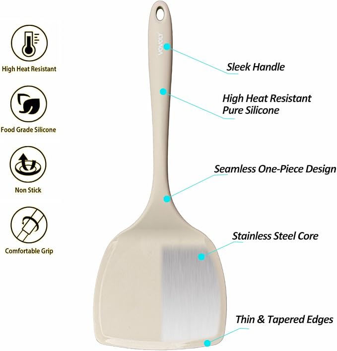Silicone Pancake Spatula Turner with Lengthened Handle& Seamless Design, Heat Resistant Cooking Spatulas for Nonstick Cookware, Large Flexible Kitchen Utensils, Flipper for Egg, Pancake, Burger, Khaki