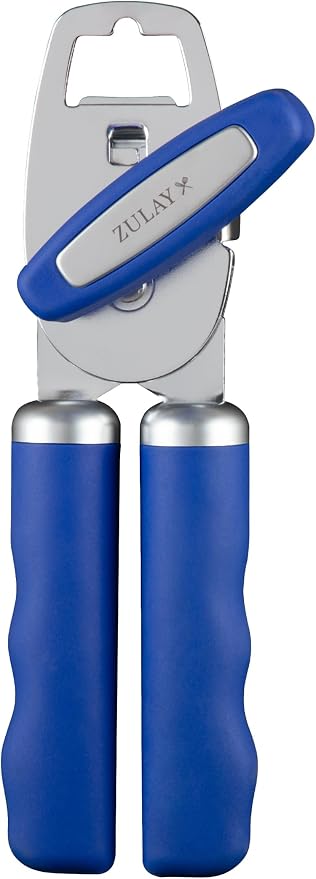 Zulay Kitchen Heavy Duty Stainless Steel Can Opener Manual with Bottle Opener - Rust Proof Manual Can Opener With Turn Knob & Comfy Soft Grip Handles - Royal Blue