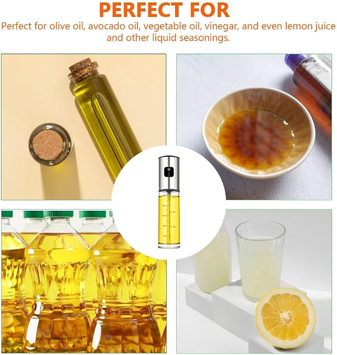 2 Pack Olive Oil Sprayer for Cooking (100ml x 2), Glass Olive Oil Spray Bottle with Scale, Stainless Steel Top Oil Mister for Air Fryer, Salad, BBQ, Frying, Baking -Kitchen Oil Sprayer