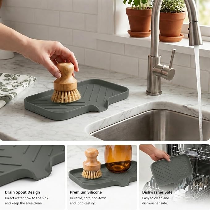 MicoYang Silicone Soap Dish with Drain Spout — Self-Draining Sink Organizer Tray for Bathroom & Kitchen, Sponges, Dispensers & Soap Holder, Non-Slip & Dishwasher Safe, Grey (Medium, 9.6"×5.3")
