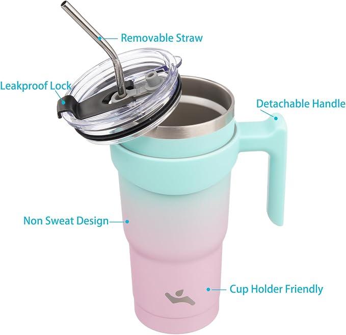 Konokyo 20 oz Tumbler with Handle and Straw, Insulated Travel Mug | Gum; BPA-free, leak-proof tumbler with 2 lids, 2 straws, cup holder fit for coffee, office, travel & daily use