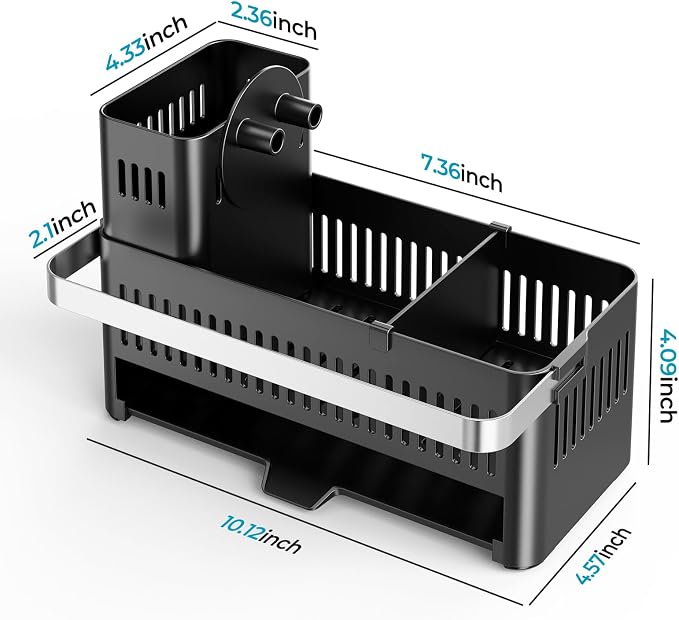 Nieifi Sponge Holder, Black Rustproof ABS Sink Caddy with Towel Rack | Smiley Sponge and Brush Holders with Drainage to Keep Items Dry. 10"W x 4.5"D. Kitchen Counter Organizer & Essential Storage.