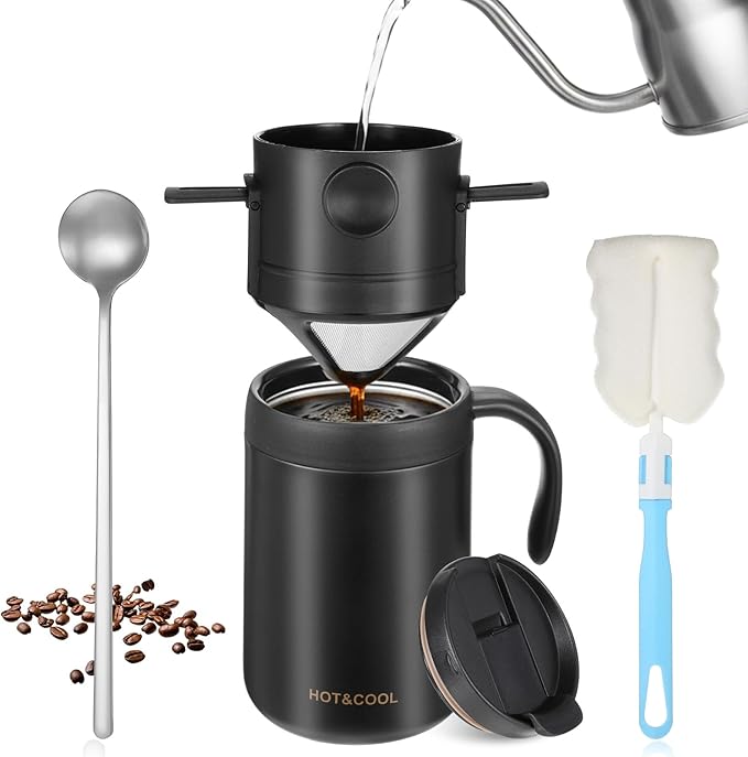 Portable 16oz Pour Over Coffee Maker Set with Spoon and Brush | Insulated Camping Coffee Maker with Foldable Filter & Stirrer & Cleaning Brush for Travel Camping Offices Backpacking