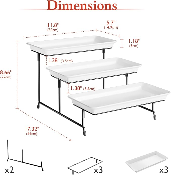Bumusty 3-Tier Melamine Serving Tray Set, 11.5 x 5.6 in, Black Stand | Melamine Reusable Platters with Metal Display Stand for Cupcakes, Desserts, Fruit, Cookies, Parties, Birthdays and Holidays