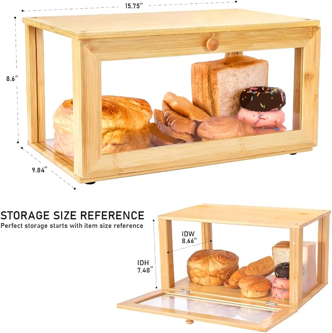 ETMI Bamboo Bread Box for Kitchen Countertop Pastry Display case kitchen Storage (bamboo clear)