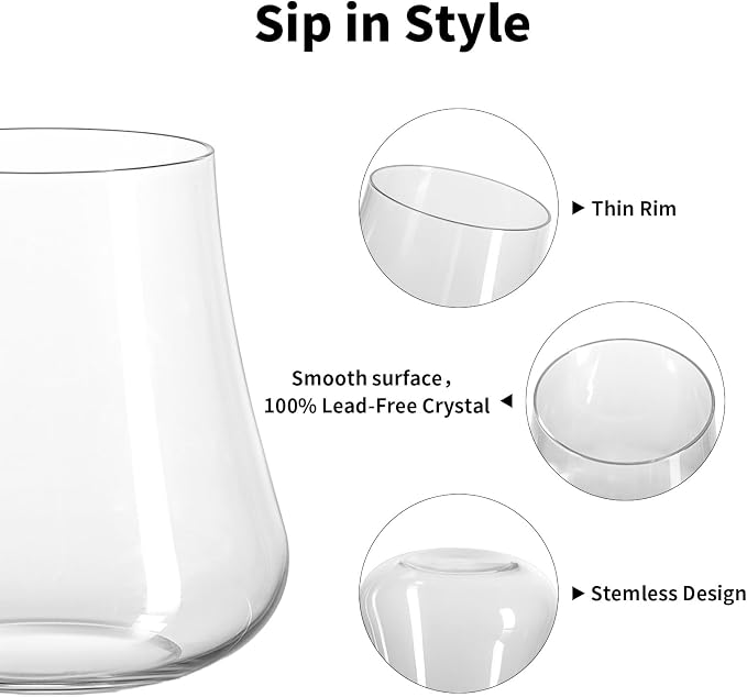 Stemless Wine Glasses Set of 4, 15oz Hand-Blown Red Wine Glass | Dishwasher Safe, No Stem Stable, Lead-Free Clear Crystal, Modern Thin Rim, Elegant Gift for Women, Birthday Wedding Party