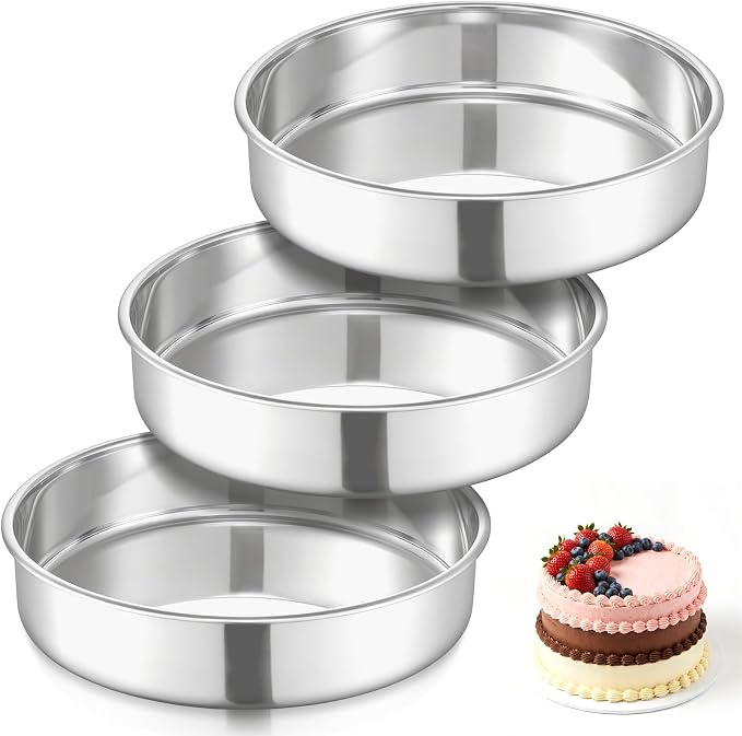 E-far 9 Inch Cake Pan Set of 3, Non-toxic Stainless Steel Round Cake Tins | Ideal for Birthday Wedding Layer Cake, Healthy, Mirror Finish, Dishwasher Safe