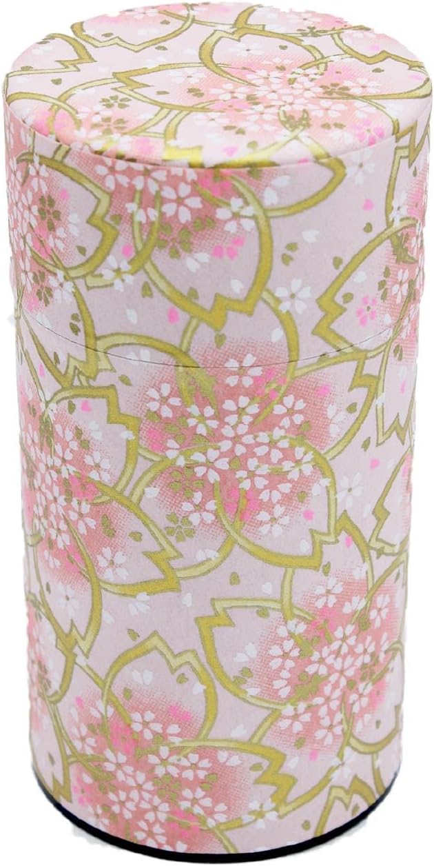 Japanese Pokkan Matcha Coffee Spice Tea Tin Canister Washi Paper Storage with Lid 7.05 oz Capacity (Pink Sakura, L)