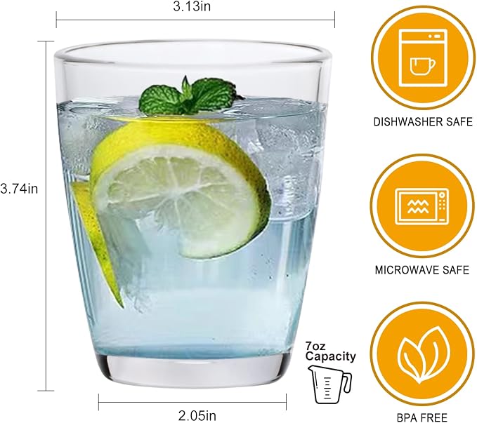 QAPPDA 7 Ounce Juice Glasses,Stackable Drinking Glass Set of 12,Clear Water Glasses Durable Homemade Beverage Tumbler for Soda,Mixed Drinks,Milk,Daily Use | Clear Water Glasses, Durable Homemade Beverage Tumbler for Soda, Mixed Drinks, Milk, Dishwasher...