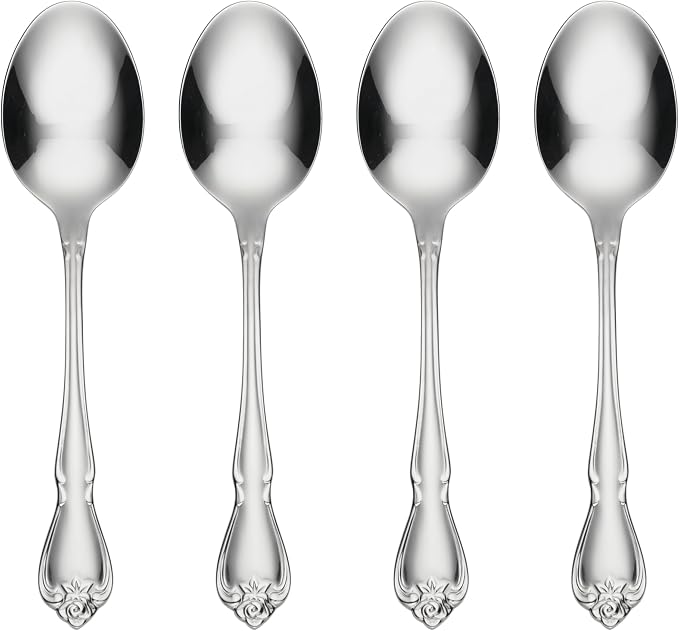 Oneida True Rose Dinner Spoons Silverware Set for 4, Flatware | 18/0 stainless steel, mirror finish | dishwasher safe | great for soup or everyday dining, cutlery set