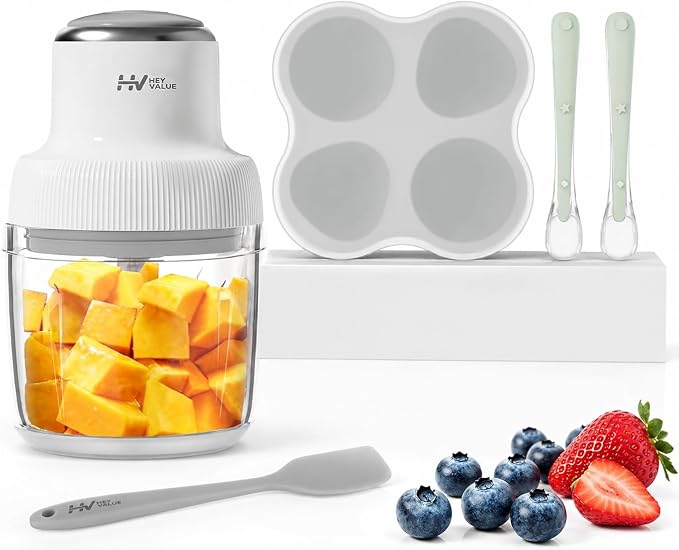 HEYVALUE 20 Oz Glass Baby Food Maker with Silicone Spoons, Spatula, Grey | One-Touch Blending, Baby & Pet Large Food Processor Set, Feeding Every Stage, Effortless Cleaning, Dishwasher Safe, BPA-Free