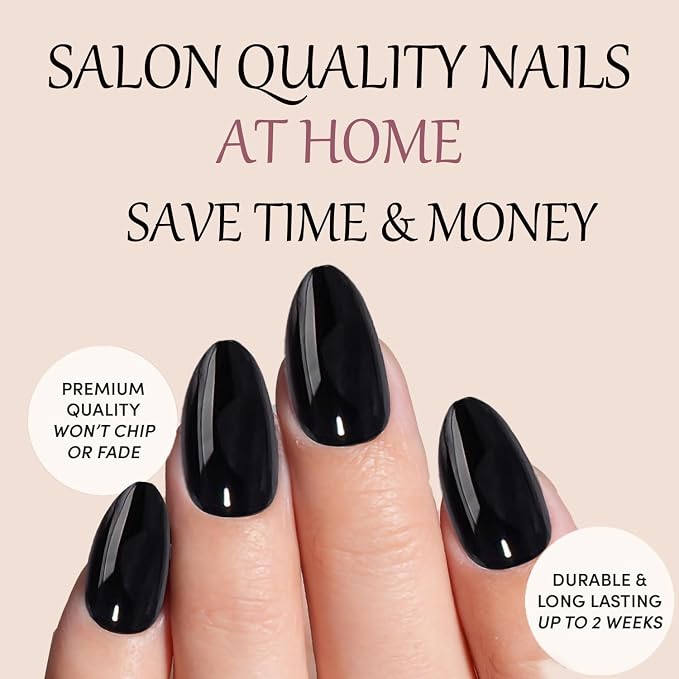 Black Press On Nail Short Almond,Fit Perfectly,Natural Reusable | UV Finish, Artificial Nails , 2+Weeks Wear, Salon Quality Nails, 12 Sizes, 24-Piece, with Glue