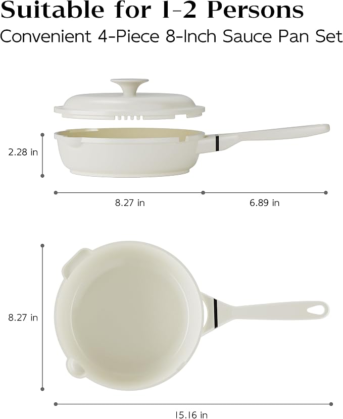 FDN 8" Ceramic Non Stick Frying Pans With Lid, Titanium Pans for Cooking, Non-Toxic PFAS-Free, Induction & Oven-Safe Cookware, Cream White For Daily Cooking