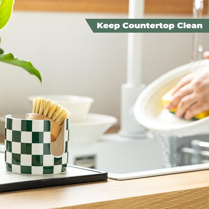 Zoeeker Sponge Holder for Sink, Ceramic Dish Sponge Holder Brush Holder | Scrubby Caddy Dish Brush Drying Rack Cute Kitchen Gadgets Farmhouse Kitchen Storage Accessories for Bathroom, Green and White