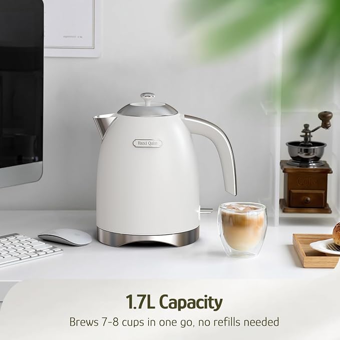 Hazel Quinn Electric Water Kettle 1.7 Liters(57oz),Stainless Steel, White | BPA-Free Interior, 1200W Fast Boiling, Cordless, Automatic Shut Off,ideal for families, couples, home, office and daily use