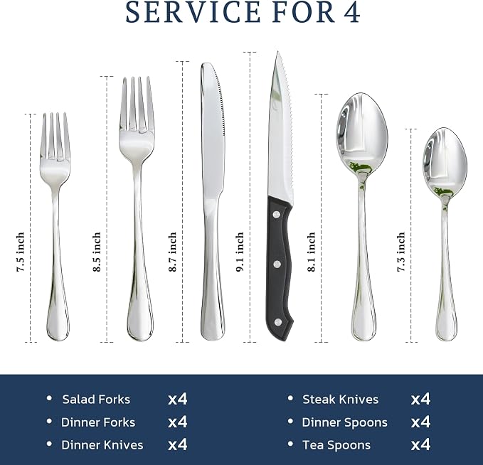 Astercook Silverware Set with Steak Knives 24-Piece Flatware Set for 4 Food-Grade Stainless Steel Cutlery Set Mirror Polished Utensils Set Include Spoons and Forks for Home Kitchen Restaurant