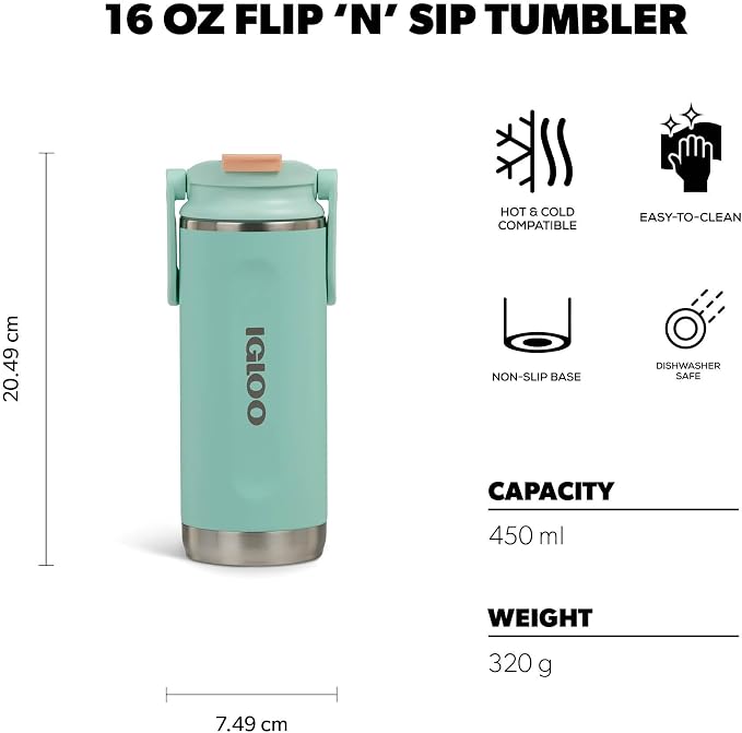 Igloo, 16 oz FlipNSip Tumbler, Reusable Travel Mug, Stainless Steel Insulated Hydration Cup for Hot & Cold Beverages, Seafoam