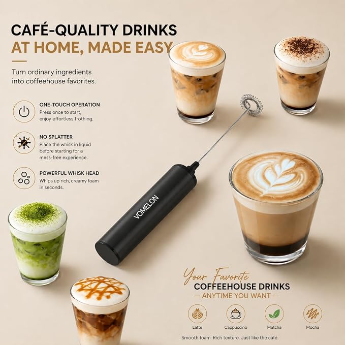 Rechargeable Milk Frother, Electric Coffee Foamer, Handheld Drink Mixer for Latte, Cappuccino, Coffee, Eggs, Hot Chocolate, Protein,Paint Black