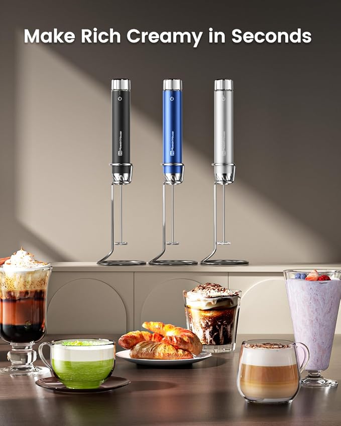 Maestri House LunaFro Max Rechargeable Milk Frother,Stepless Speed Control | 2000mAh lithium battery Frother Handheld, IPX6 Electric Drink Mixer with Stand & 2 Detachable Whisks for Lattes, Cappuccino