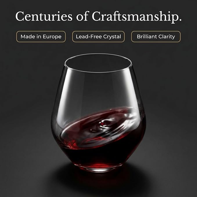 Godinger Wine Glasses, Stemless Wine Glasses, Red Wine Drinking Glasses, Stemless Wine Glass - 17oz, Set of 4 - Made in Europe