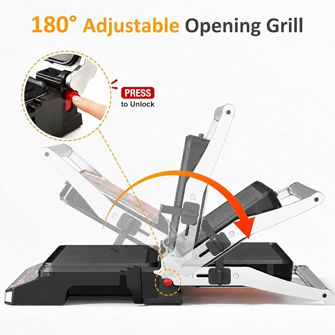 SUNVIVI 3-in-1 Electric Grill Indoor, Panini Press & Sandwich Maker with Removable Plates, 1600W, 8 Cooking Modes, 180° Flat Opening, Adjustable Temp, Ceramic Nonstick Dishwasher Safe, Stainless Steel