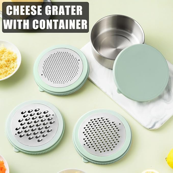 Cheese Grater with Container & Lid, Multi Functional Stainless Steel Box Grater, Handheld Grater Bowl for Kitchen,Lemon Zester for Parmesan, Cheeses, Ginger, Chocolate, Vegetables, Butter (Mint Green)